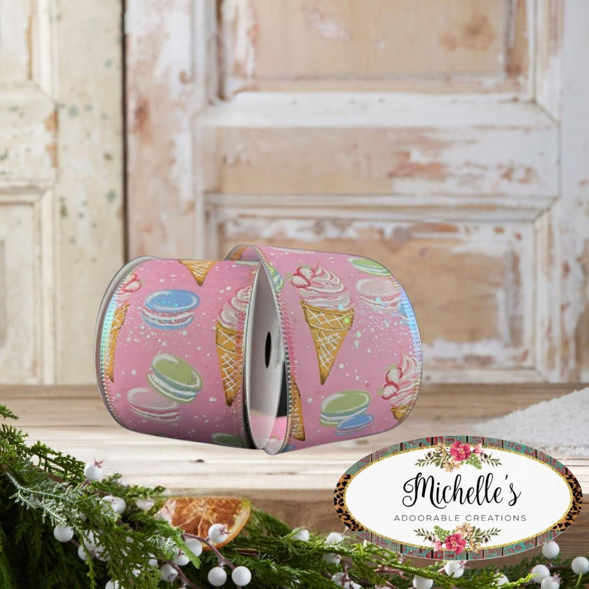 2.5" Ice Cream Macarons Ribbon: Pink (10 Yards)