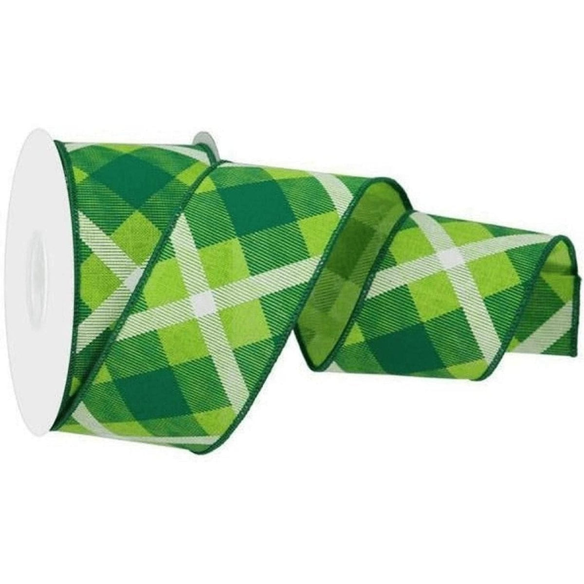 2.5" Printed Plaid Ribbon: Lime Green, Green, White (10 Yards)