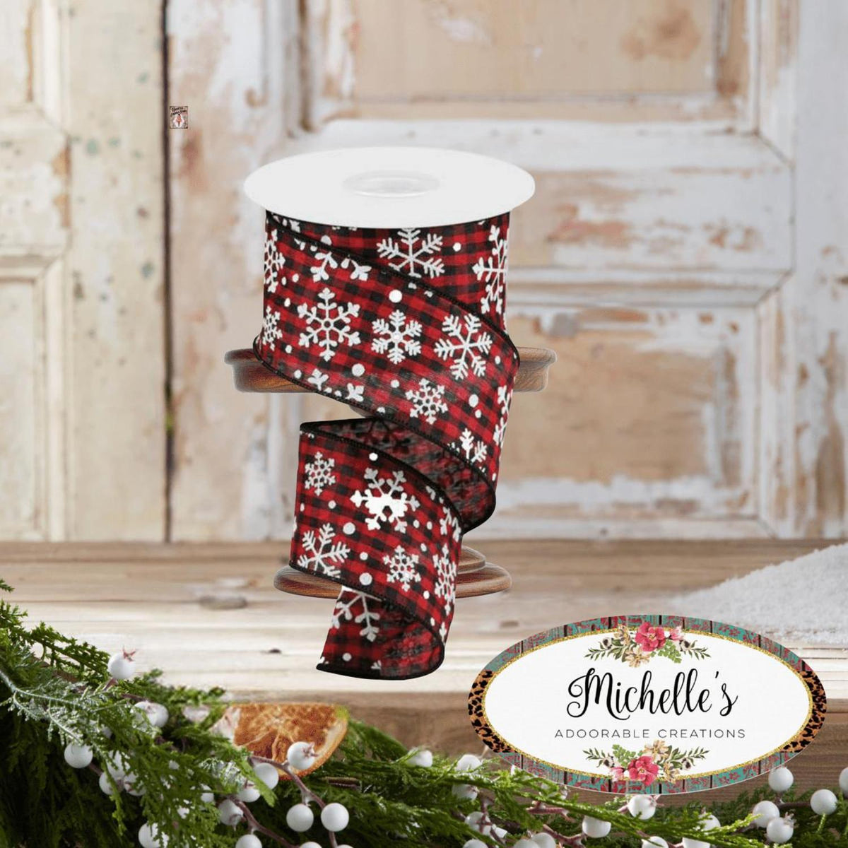 2.5" Snowflake Ribbon: Black & Red (10 Yards)