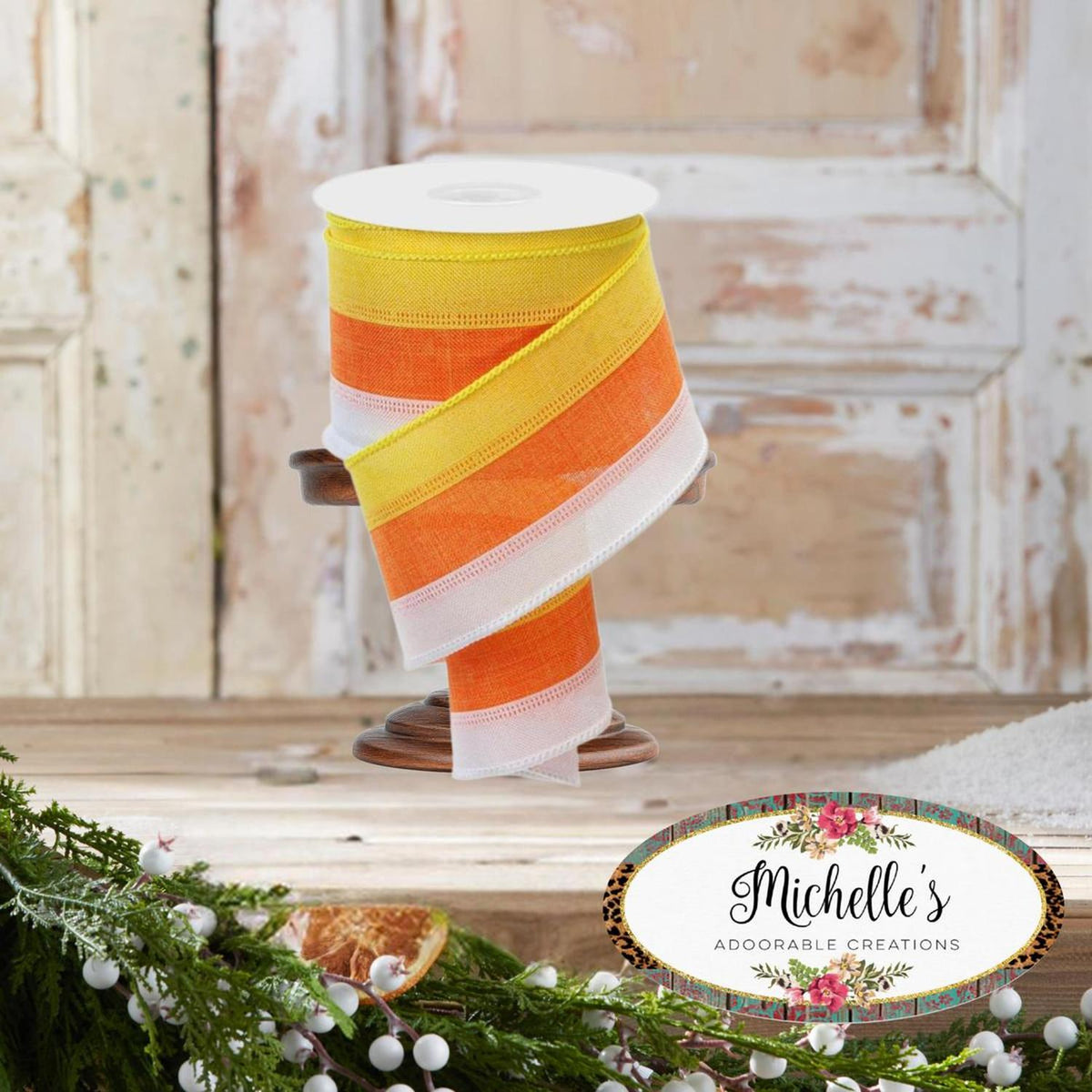 2.5" Tricolor Striped Ribbon: Orange/White, Yellow (10 Yards)
