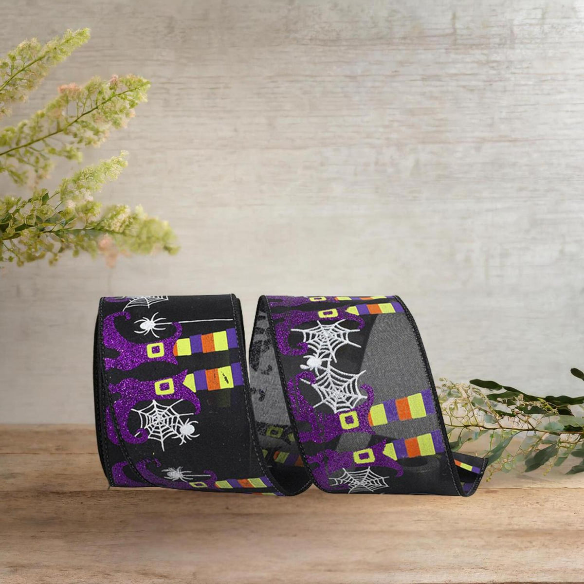 2.5" Witch Leg and Spider Web Ribbon: Black (10 Yards)