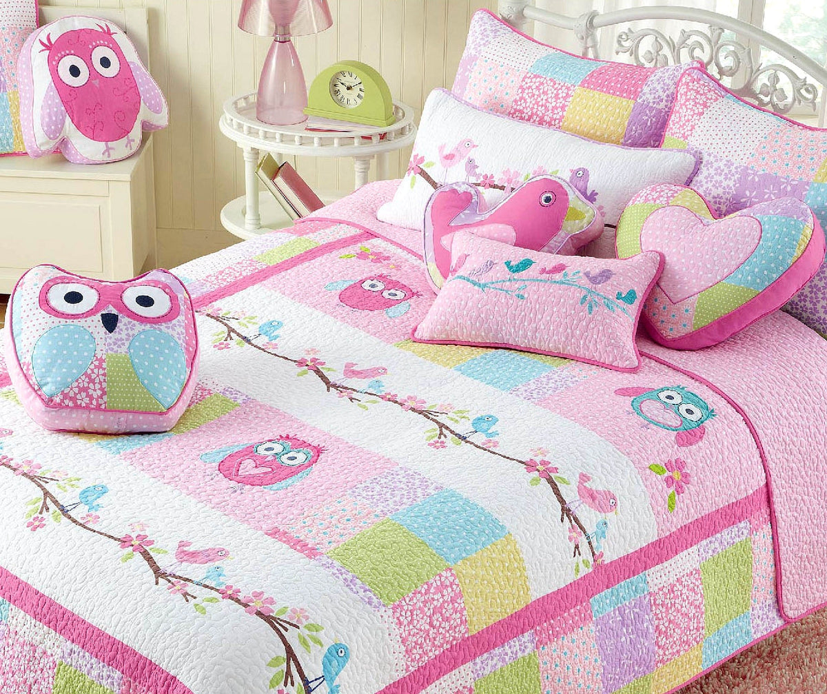 Pink Owl Patchwork Embroidered Heart Novelty Decor Throw Pillow