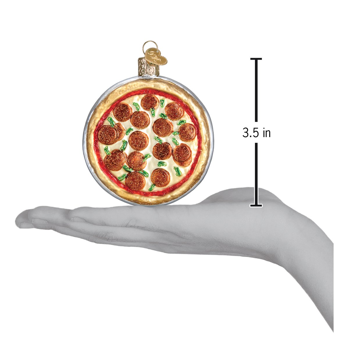 a hand holding a pizza ornament