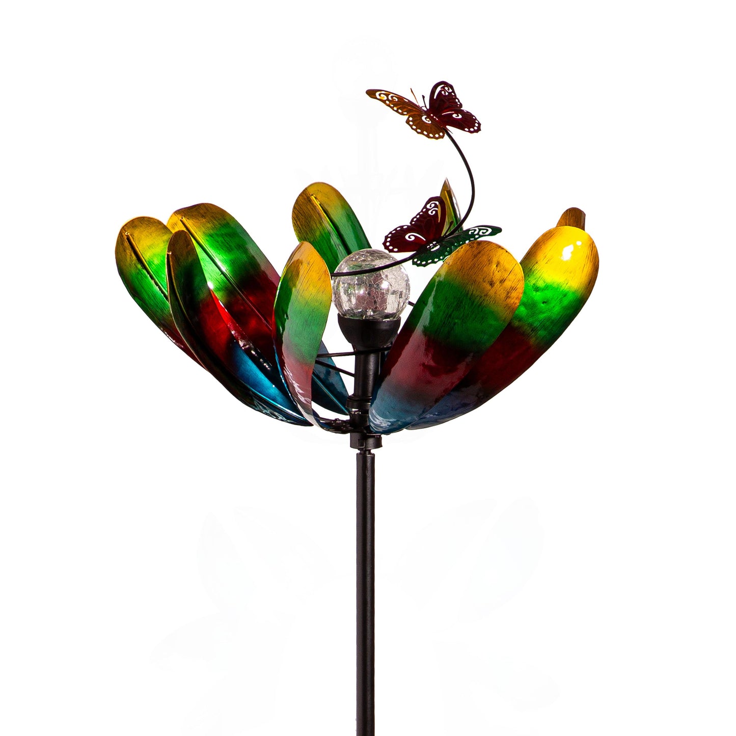 Solar Metal Wind Spinner, Multi Colored Flower, 75"H