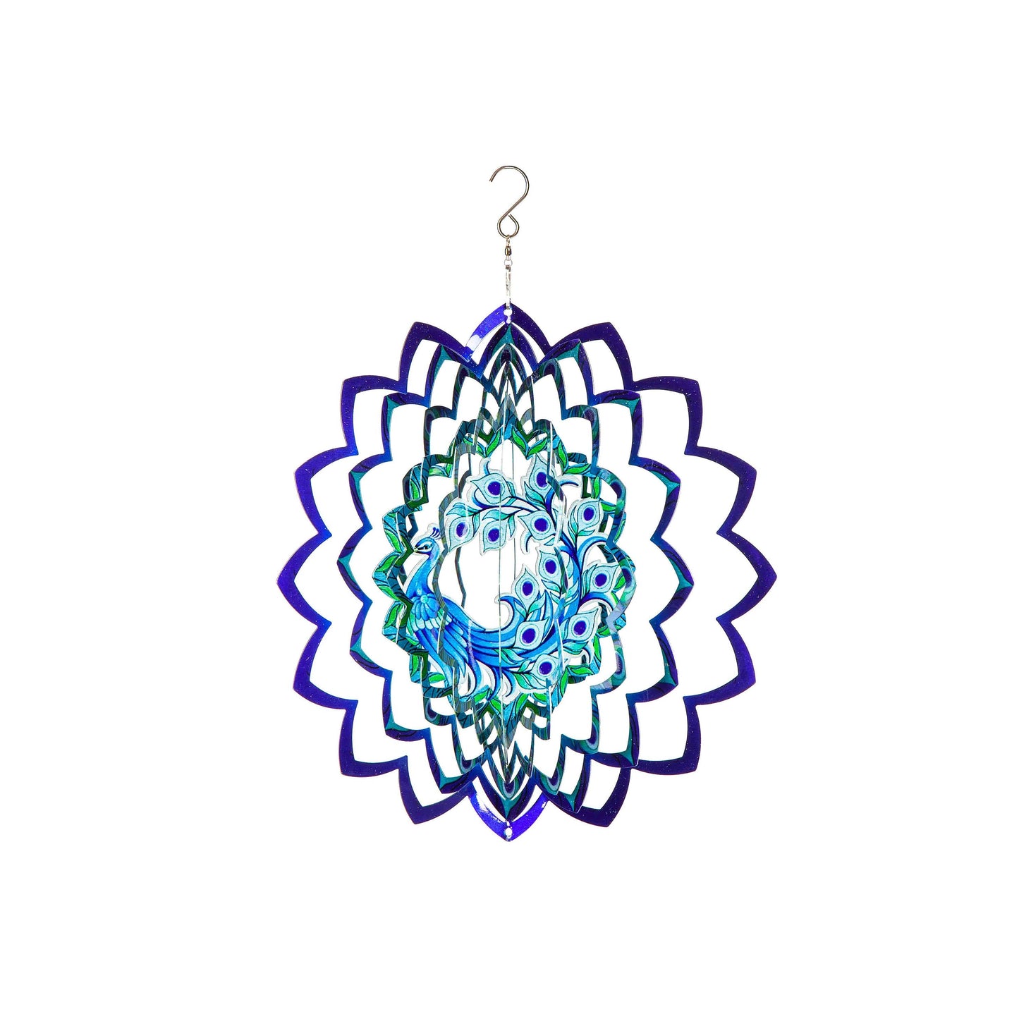 12" 3D Optical Illusion Hanging Metal Spinner, Peacock