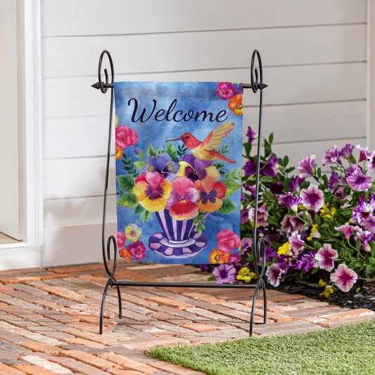 Pansies & Hummingbird Tea Cup Suede Garden Flag