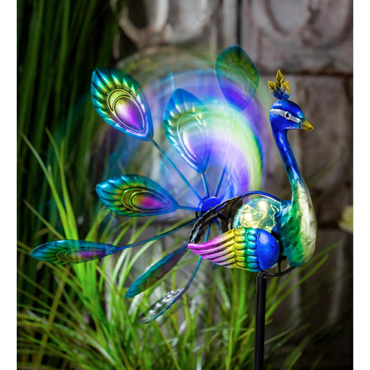 Tropical Oasis Wind Spinner, Solar Staked Peacock Staked Wind Spinner, 37"H