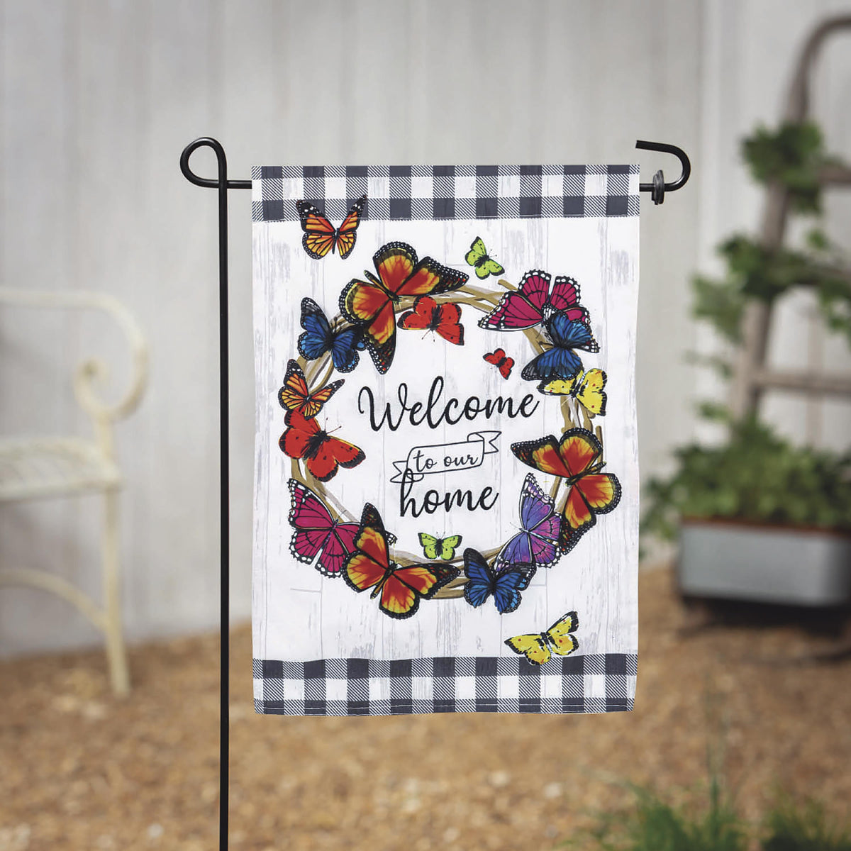 Butterfly Welcome Wreath Garden Linen Flag