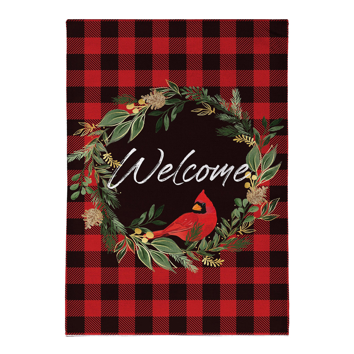 Welcoming Cardinal Wreath Burlap House Flag