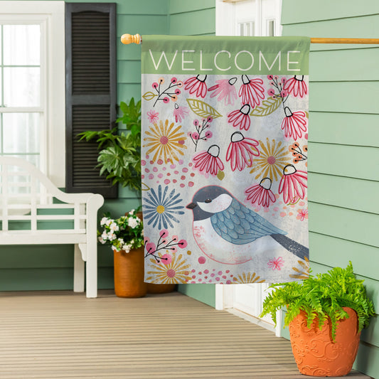Pastel Doodles Chickadee Suede House Flag