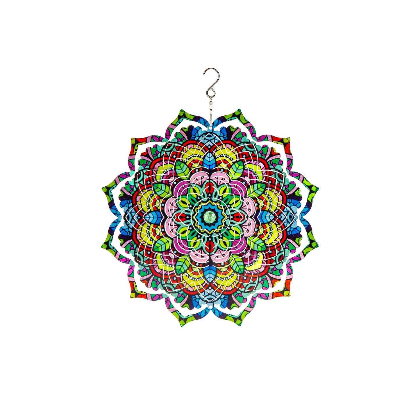 12" 3D Optical Illusion Hanging Metal Spinner, Mandala Flower