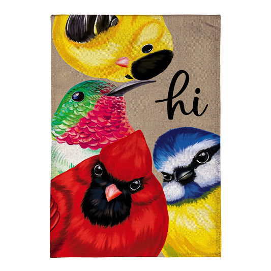 Cottage Garden Portly Birds Peeping Burlap Garden Flag
