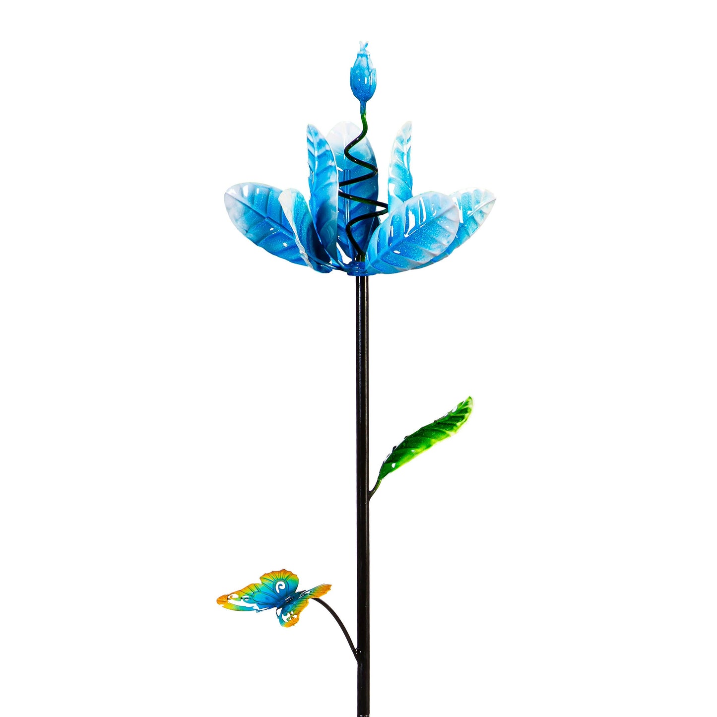 Metal Wind Spinner, Spinning Flower, Blue, 48"H