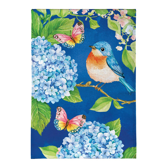 Bluebird and Hydrangea Burlap Garden Flag