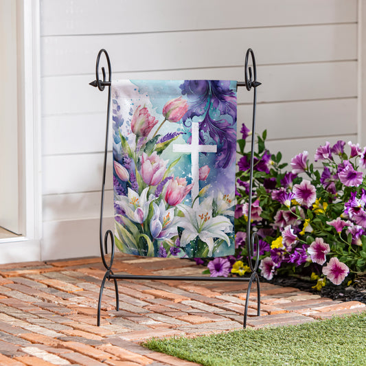 Tulip & Easter Lily Cross Suede Garden Flag