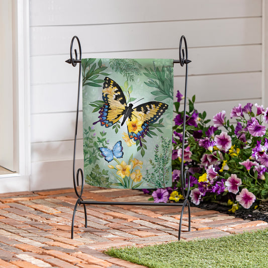 Cottage Garden Green & Yellow Florals Monarch Butterfly Suede Garden Flag