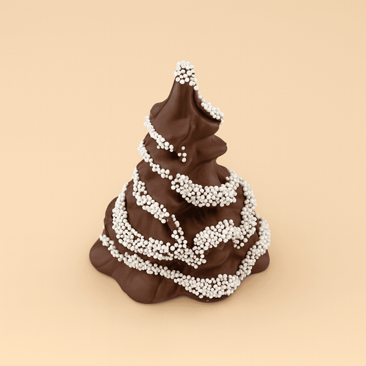 a chocolate cone shaped object with white sprinkles