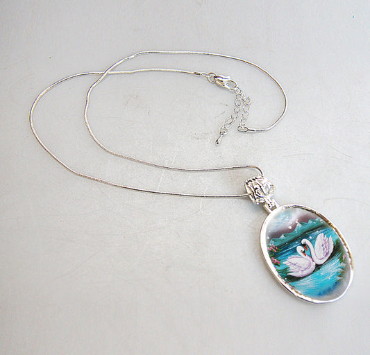Swans in Love Silver Plated Mother of Pearl Jewelry Pendant Necklace - 44020