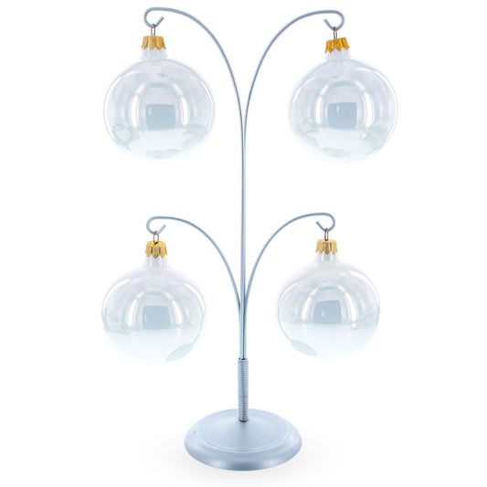 4-Arm Tree Branch Silver Metal Ornament Display Stand 12 Inches