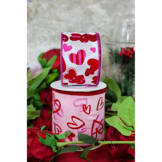 4" Heart Embroidery Dupioni Ribbon: Pink (5 Yards)