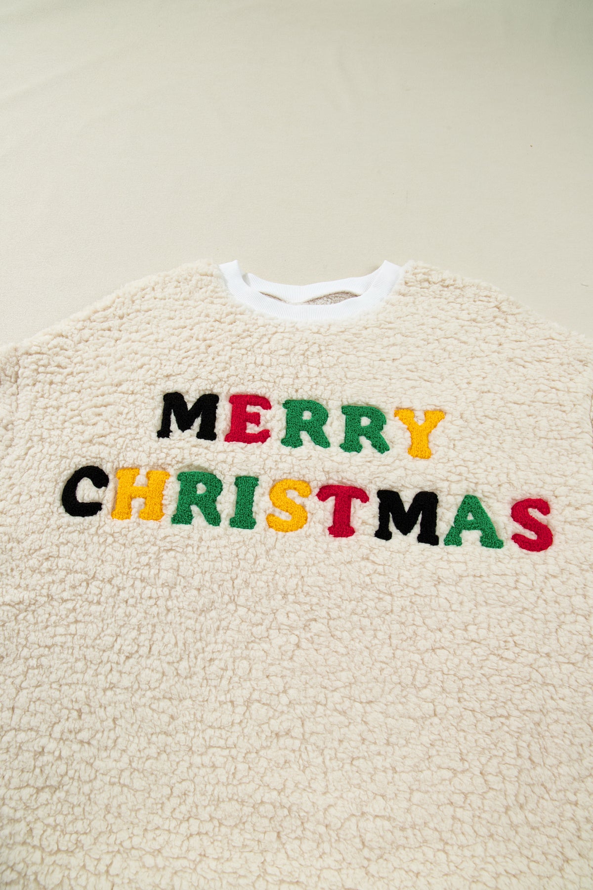 White MERRY CHRISTMAS Multicolor Embroidered Sherpa Pullover Sweatshirt