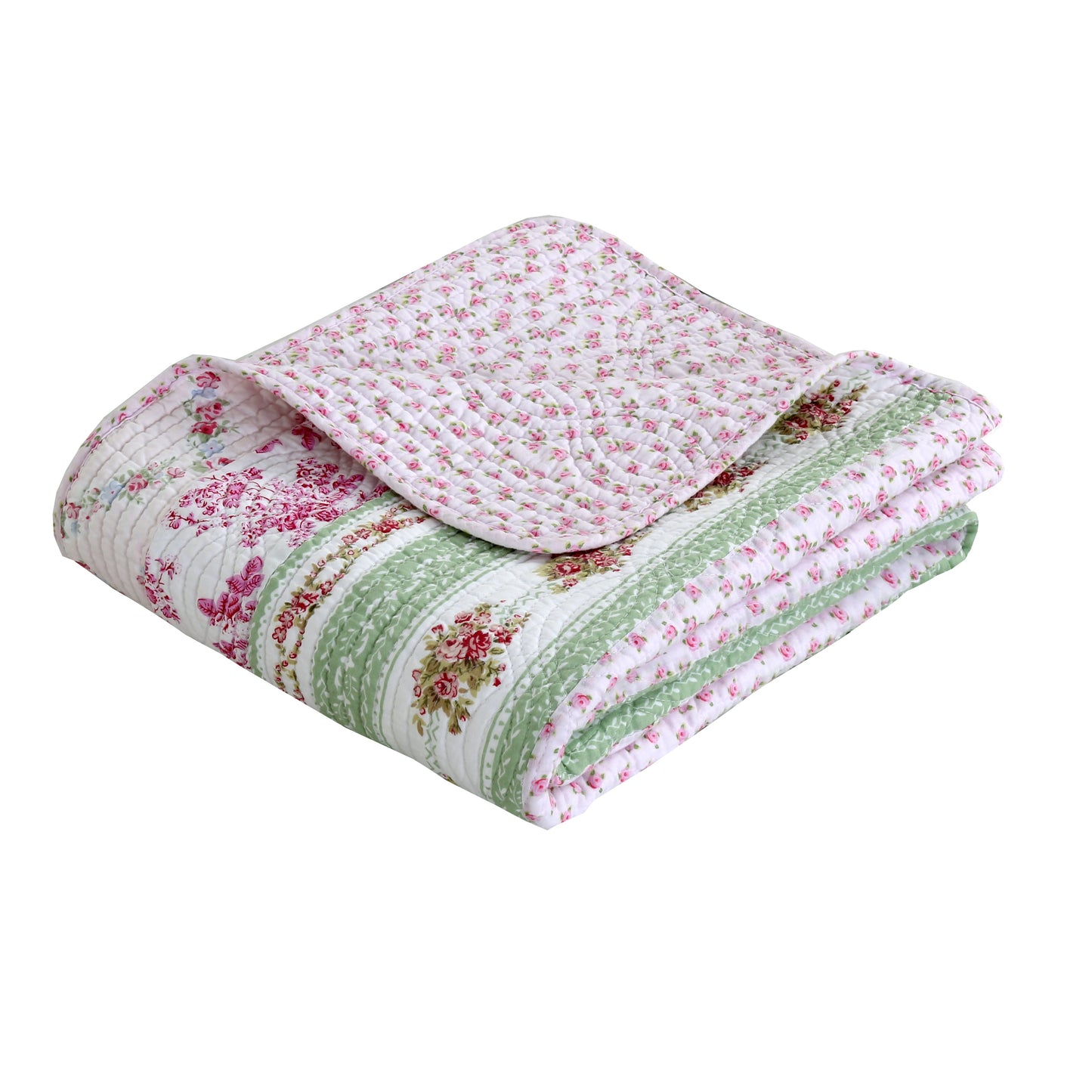 Wild Rose Enchantment Floral Bloom Garden Stripe Real Patchwork Reversible Quilt Bedding Set