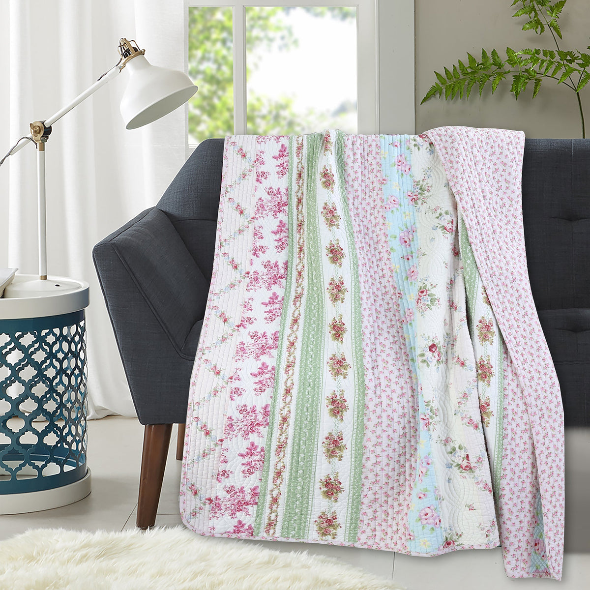 Wild Rose Enchantment Floral Bloom Garden Stripe Quilted Reversible Throw Blanket