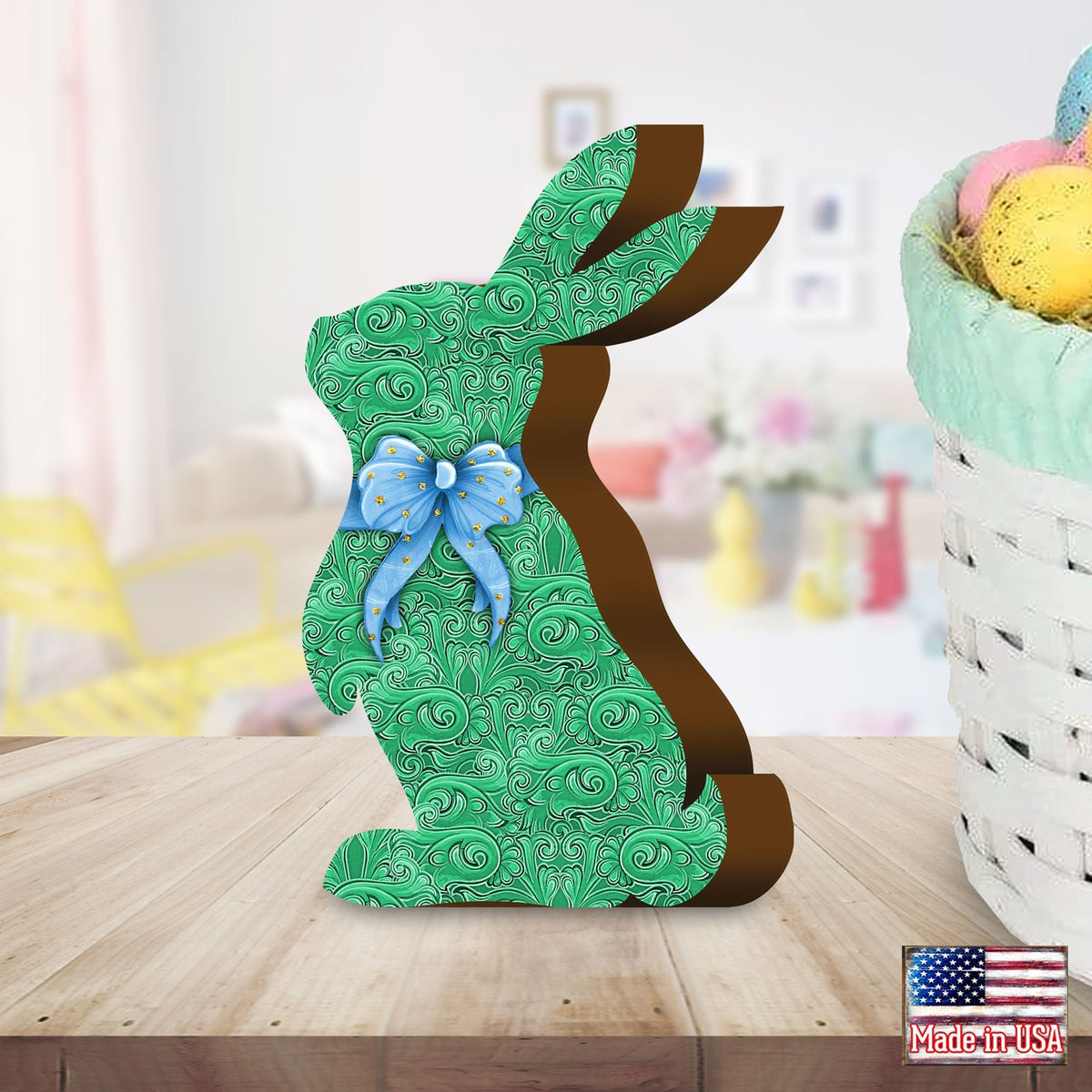 Quilted Green Bunny Decorative Figurine by G. DeBrekht - Easter Spring Decor - 8154425S