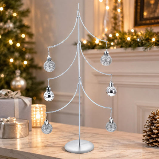 6-Arm Tiered Tree Silver Metal Ornament Display Stand 14 Inches