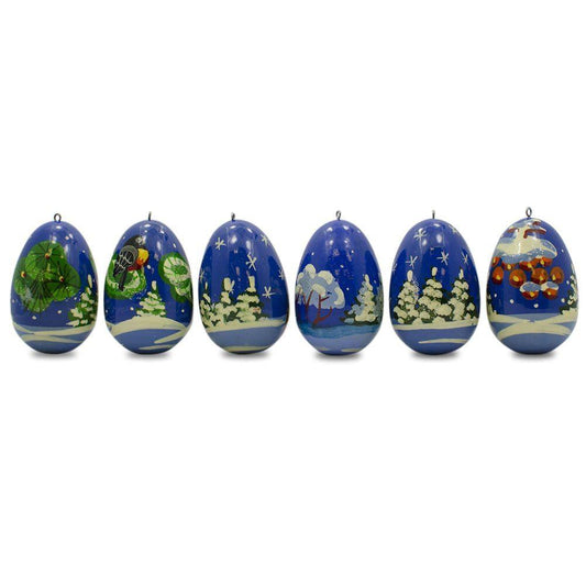 6 Santa with Snowman and Birds Wooden Christmas Ornaments 2.25 Inches