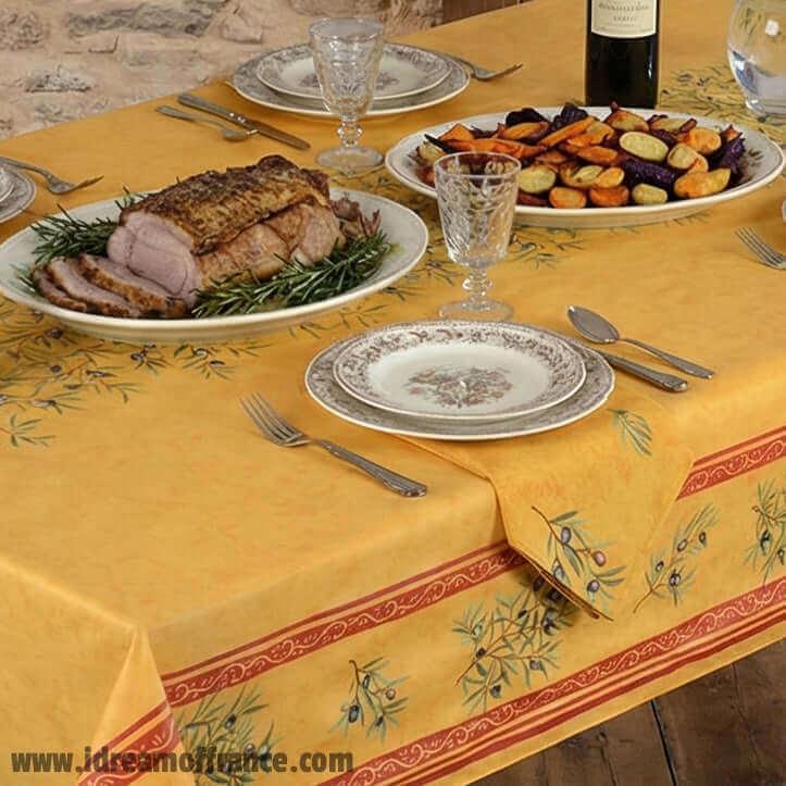 60" Square Clos des Oliviers Yellow Double Border Acrylic-Coated Cotton Tablecloth