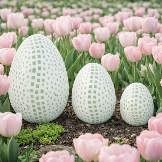 a group of eggs surrounded by pink flowers