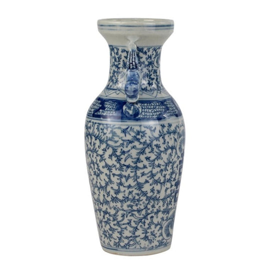 a blue and white vase