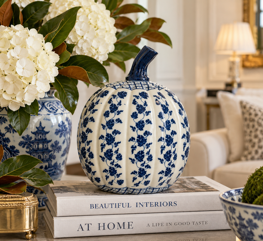 a blue and white vase on top of books