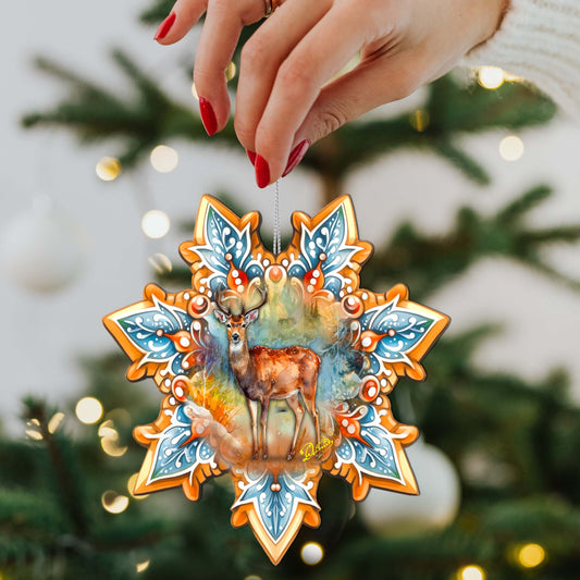Forest Elk Snowflake Wooden Ornaments by G. Debrekht - Nature Wildlife Decor - 8688413