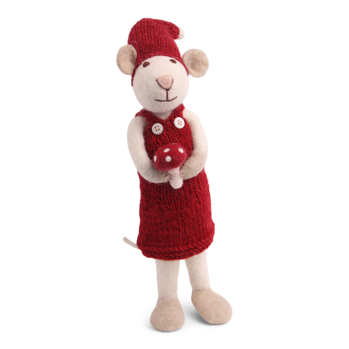 Felt Figurine - Winter Mouse with Mushroom (White) - Large