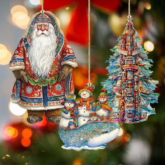 Santas Around the World - Alaskan Inspired Santa - Eco Wood Ornaments Set of 3 by G. DeBrekht Christmas Santa Snowman Decor - 8091314S3