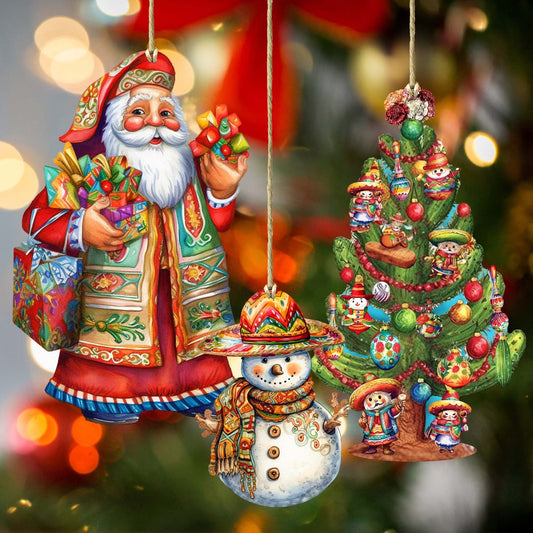 Santas Around the World - Mexican Inspired Santa - Eco Wood Ornaments Set of 3 by G. DeBrekht Christmas Santa Snowman Decor - 8091308S3