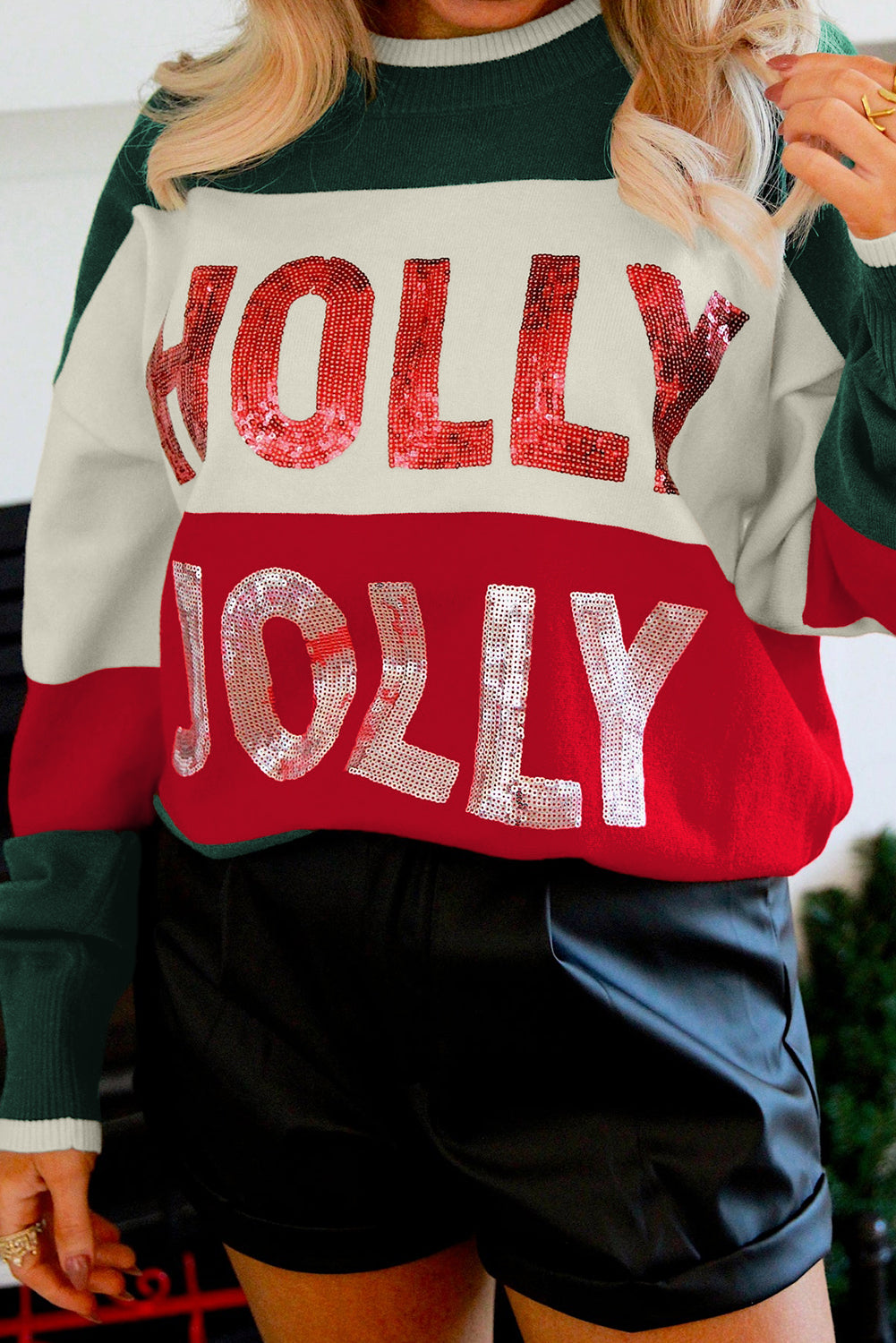 Pink Sequined HOLLY JOLLY Color Block Crew Neck Sweater