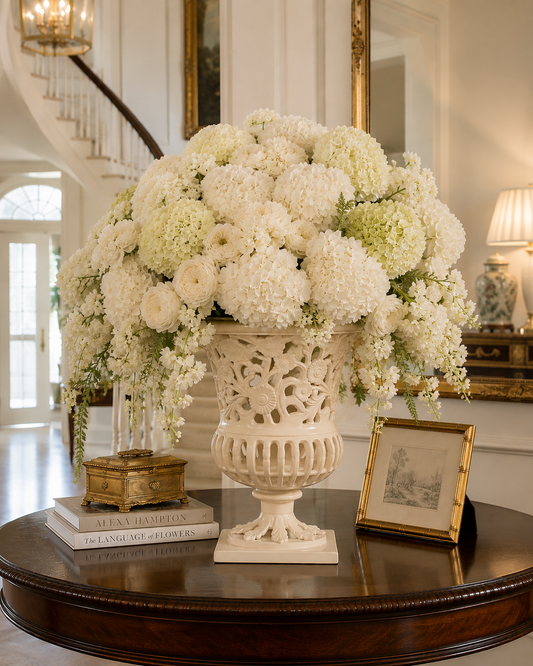 a vase with white flowers on a table