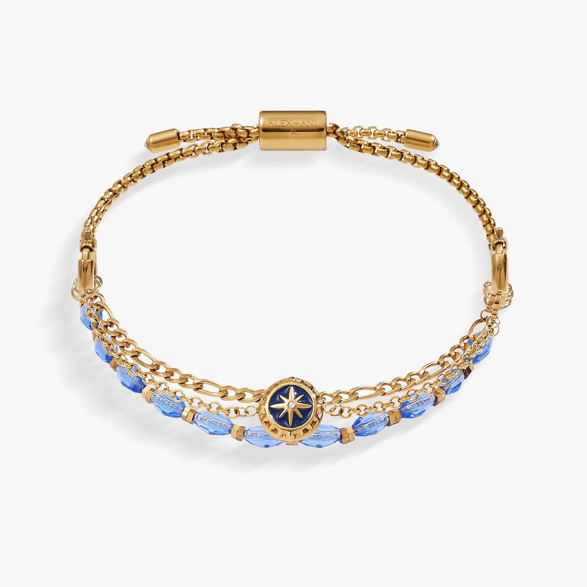 a gold bracelet with blue stones