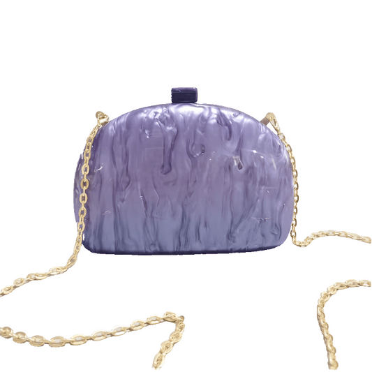 a purple purse with gold chain