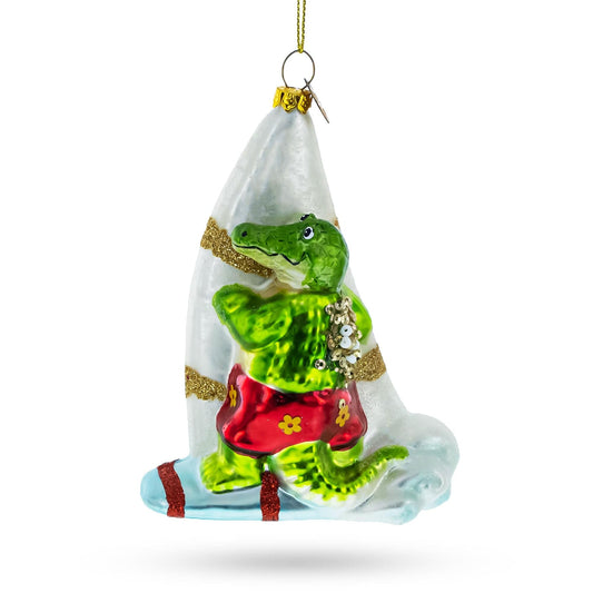 Alligator Windsurfer Glass Christmas Ornament