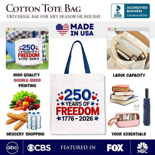 250 Years Freedom Faux Varsity Patch Tote Bag, 4th of July USA Patriotic 1776–2026 Gift Shopper