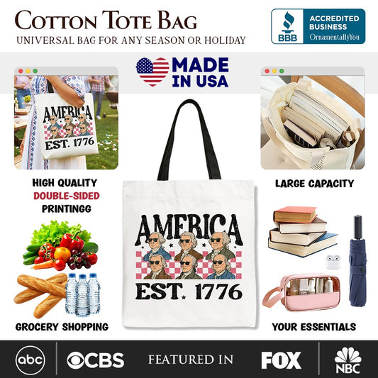 America Est 1776 Founding Fathers Vintage Canvas Tote Bag, Retro Patriotic Gift Shopper