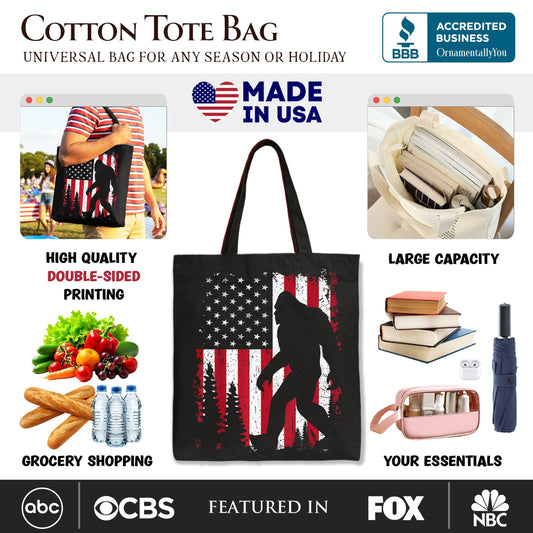 Bigfoot American Flag Canvas Tote Bag, Patriotic Sasquatch Gift Shopper