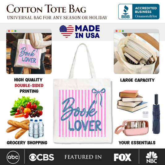 Book Lover Striped Reader Tote Bag, Coquette Bookworm Gift Shopper