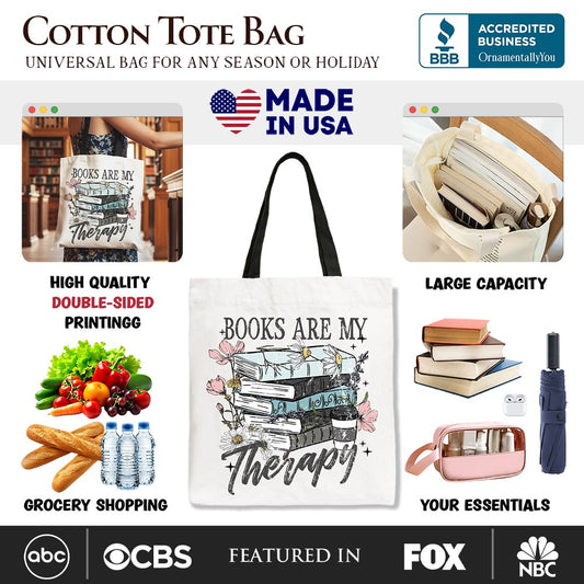 Books Are My Therapy Floral Vintage Canvas Tote Bag, Reading Aesthetic Gift Shopper for Bookworms