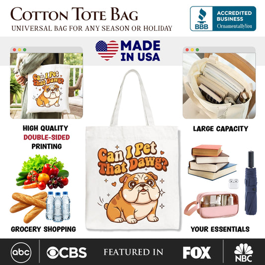 Can I Pet That Dawg Bulldog Retro Tote Bag, Cute Funny Dog Lover Gift Shopper