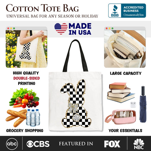 Checkered Easter Bunny Coquette Tote Bag, Stylish Spring Gift Shopper